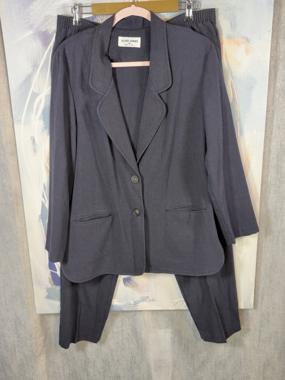 Vintage 80/90s Alfred Dunner 2 Piece Pantsuit Set 12 Navy Blue Lightweight Linen